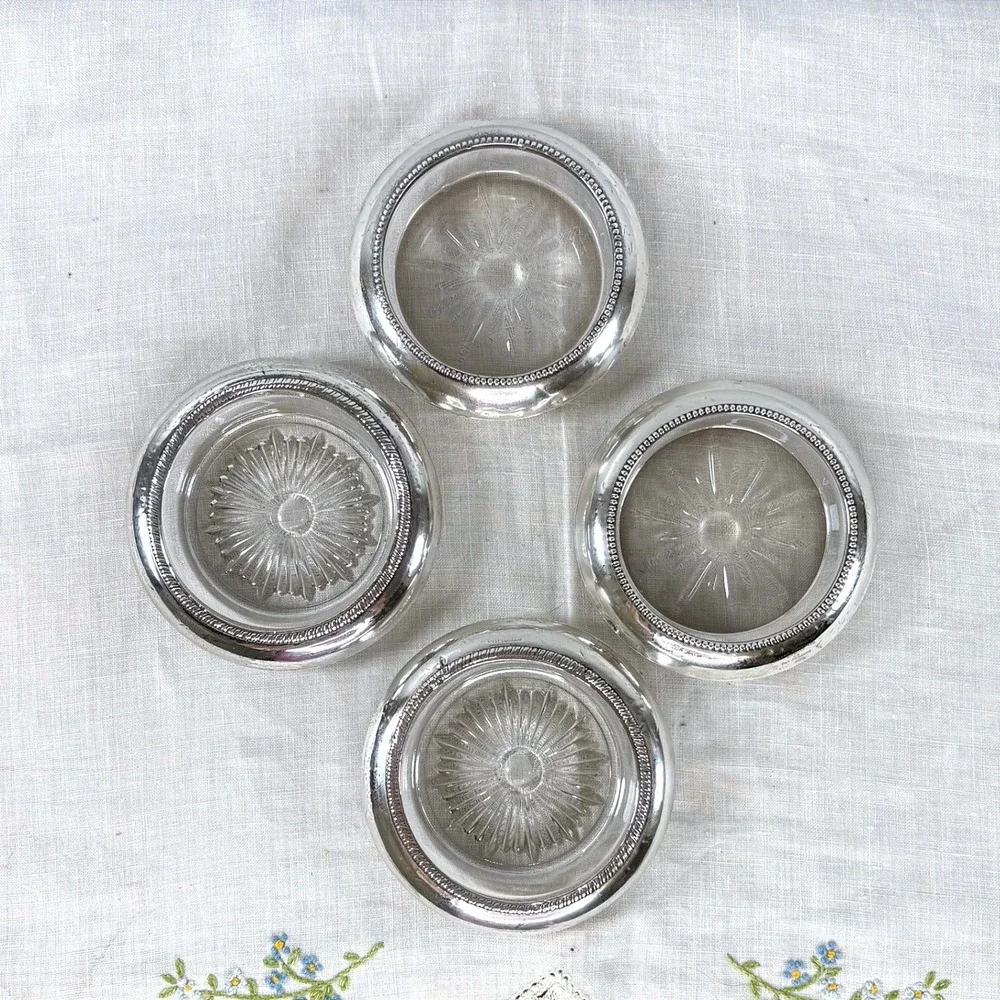 Vintage Sterling Silver Rim Glass Coasters Set of 4 Frank M Whiting Laben